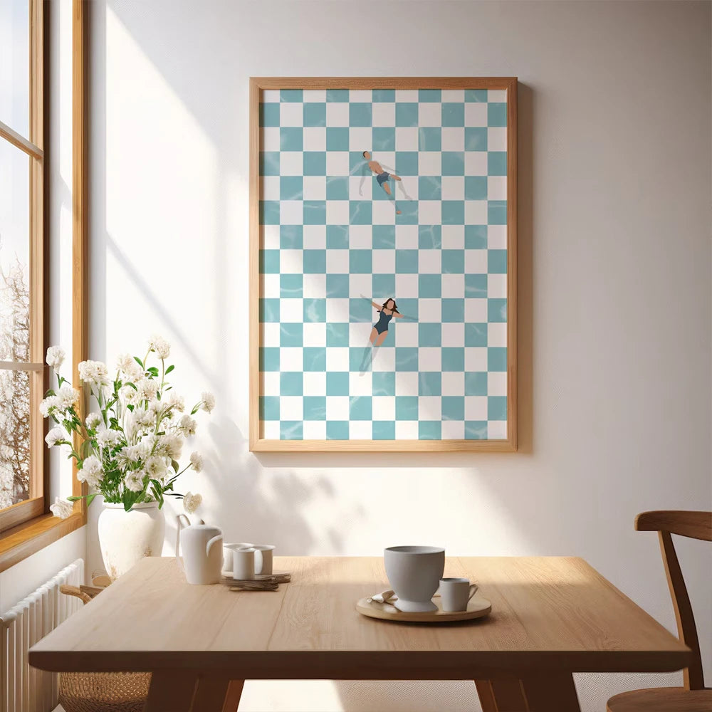 Modern Trendy Retro People At Pool Checker Board Prints