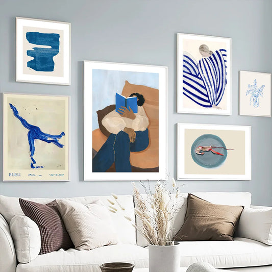 Blue striped girl holding book wall art canvas painting


