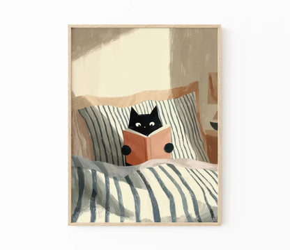Cat Reading Print – Black Cat Wall Art