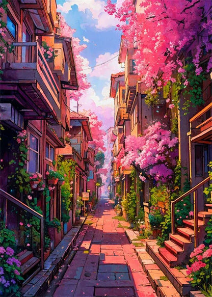 Japanese Street Scenery Sakura Architecture Canvas Posters