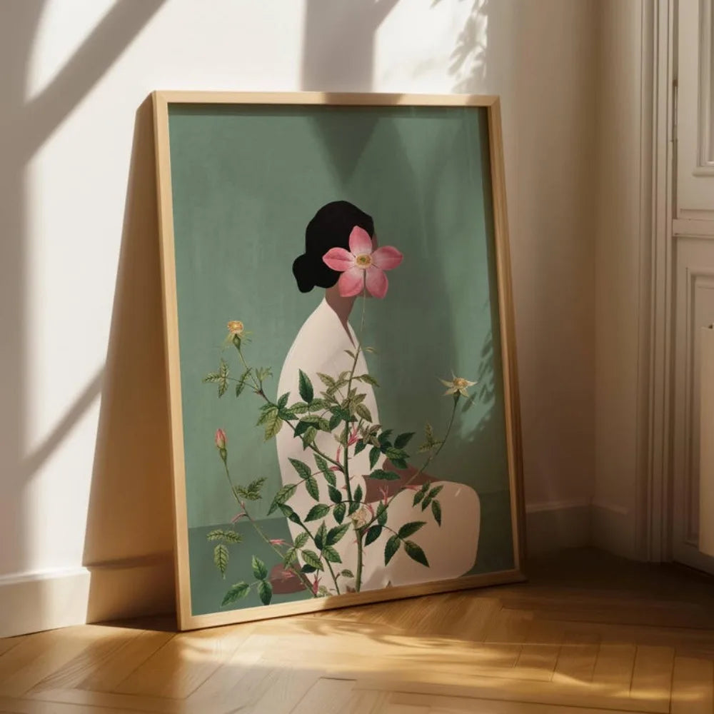 Green Flower Head Woman Wall Art