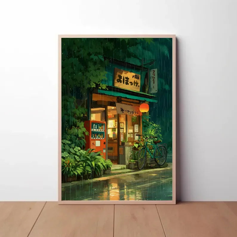 Anime Cafe Shop And Bicycle Canvas Poster