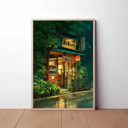 Anime Cafe Shop And Bicycle Canvas Poster