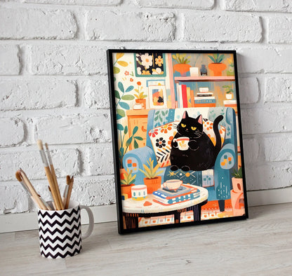 Lovely Cat Print Of Coffee Drinking Cute Cat