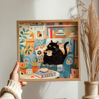 Lovely Cat Print Of Coffee Drinking Cute Cat