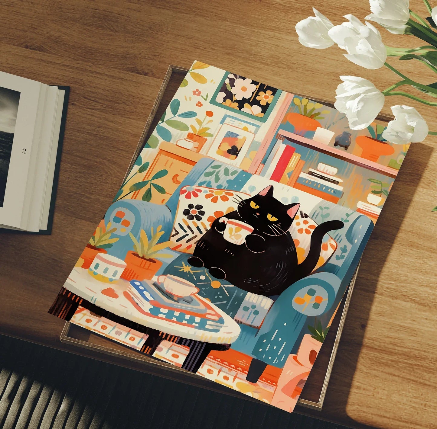 Lovely Cat Print Of Coffee Drinking Cute Cat