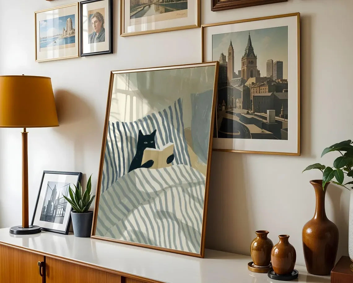 Cat Reading Print – Black Cat Wall Art