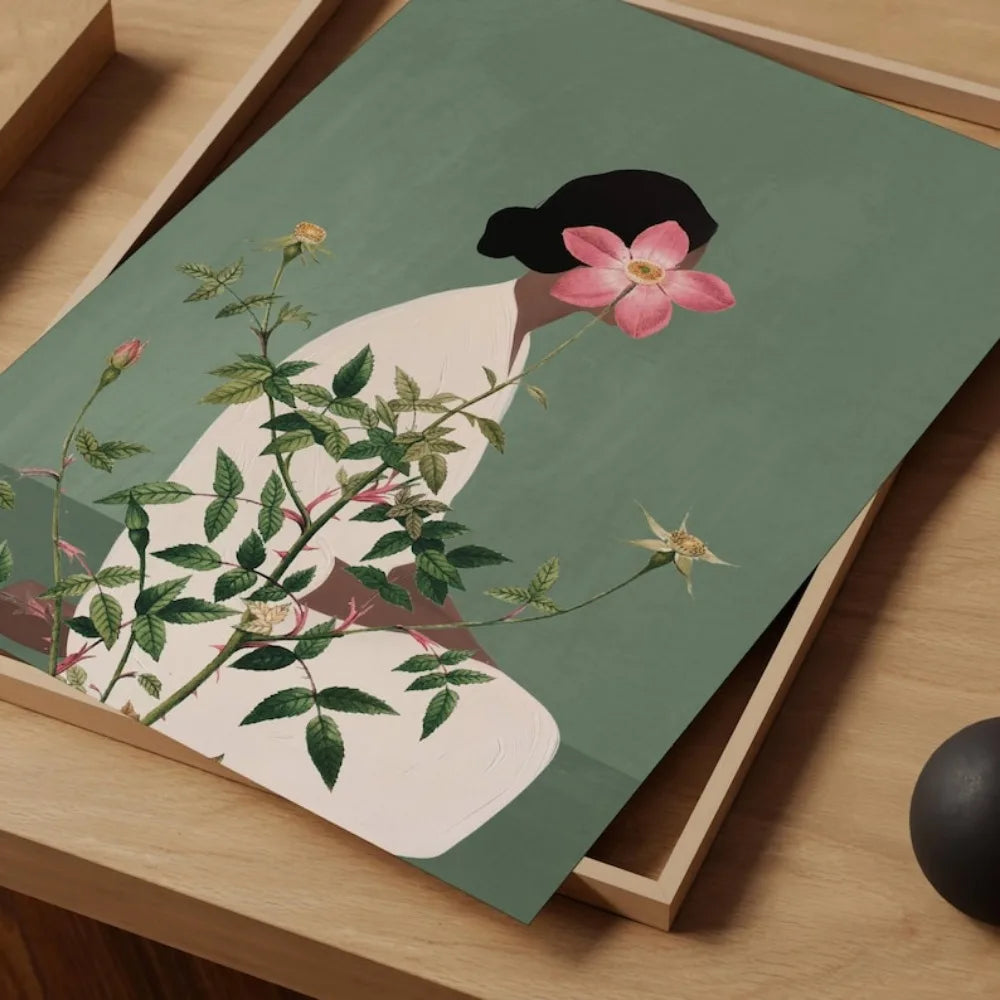 Green Flower Head Woman Wall Art