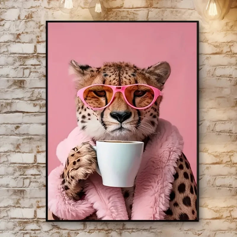 Charming Cheetah Drink Coffee Canvas Art Print