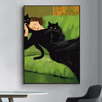 Abstract Woman Bird Cat Flower Fish Couple Poster