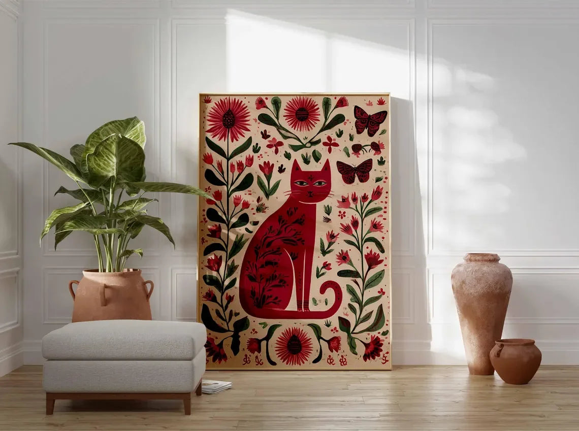 Floral Cat Wall Art Print