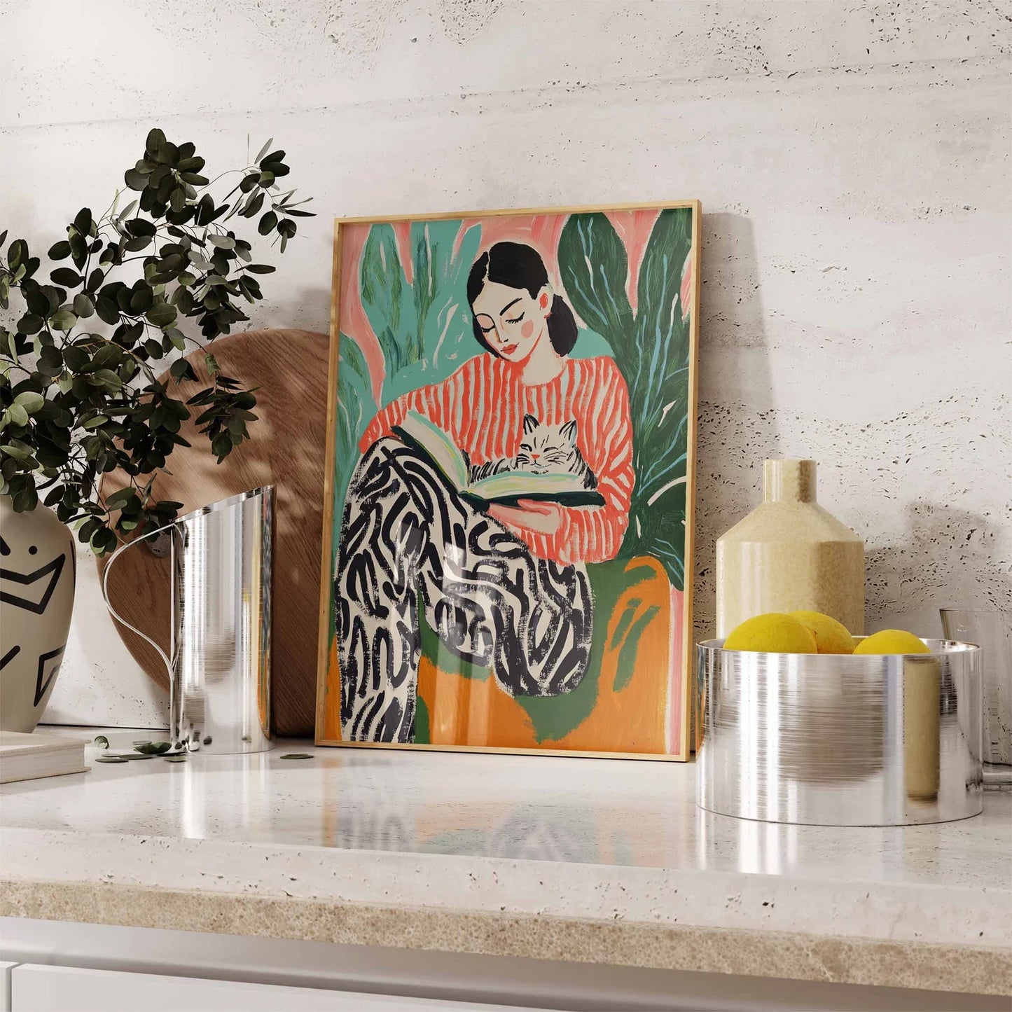 Woman Book Art, Cat Poster