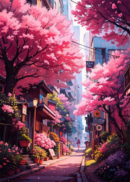 Japanese Street Scenery Sakura Architecture Canvas Posters