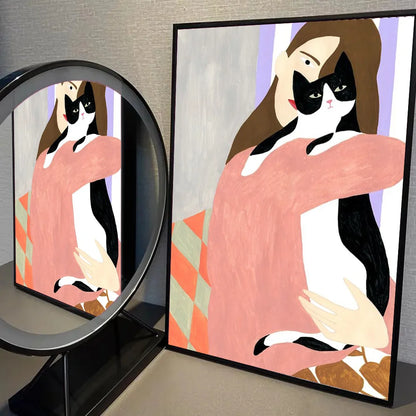 Abstract Woman Bird Cat Flower Fish Couple Poster