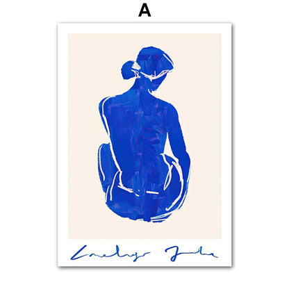 Blue Girl Body Pigeons Line Minimalist Poster