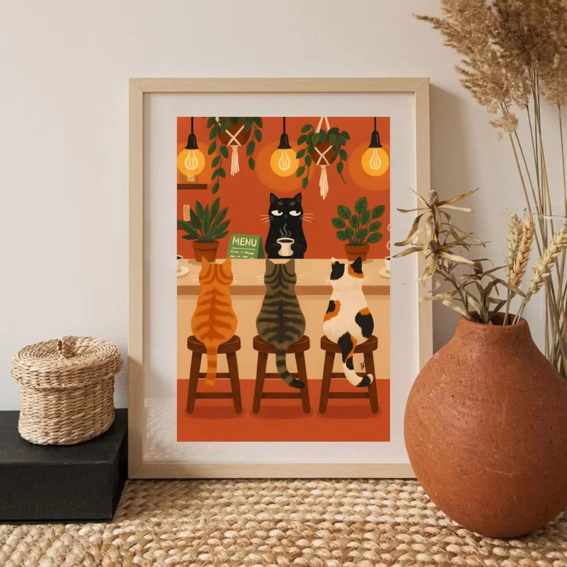 Whimsical Cat Cafe Illustration Poster