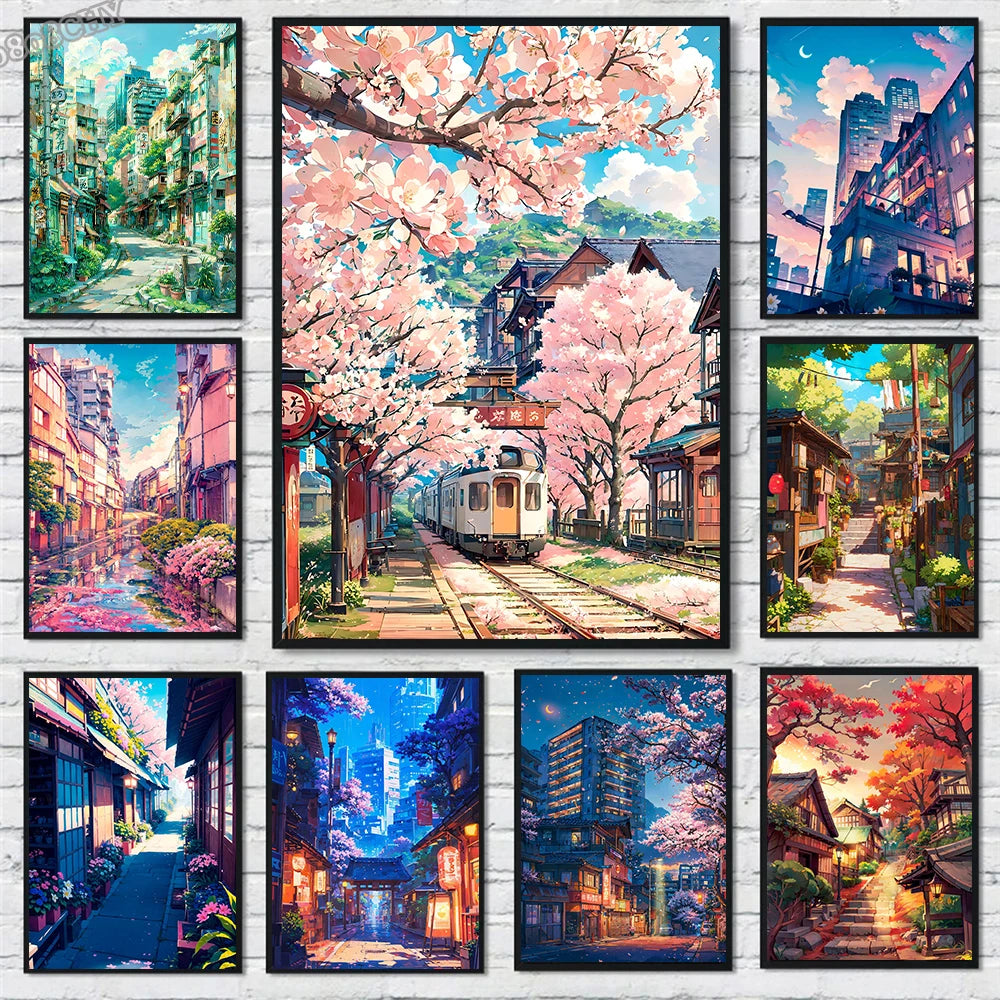 Japanese Street Scenery Sakura Architecture Canvas Posters