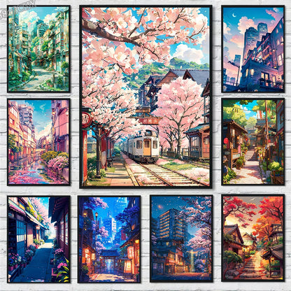 Japanese Street Scenery Sakura Architecture Canvas Posters