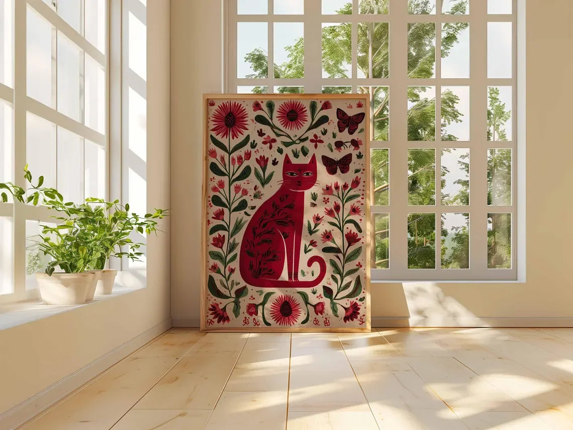 Floral Cat Wall Art Print