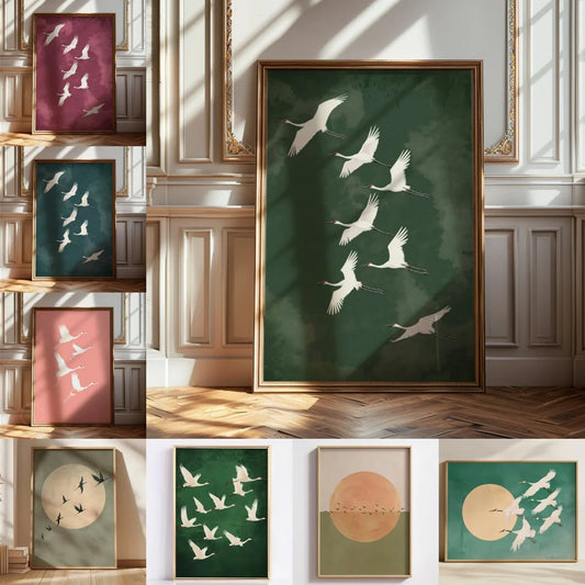 Japanese Flying Cranes White Bird Canvas Prints