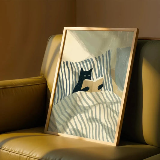 Cat Reading Print – Black Cat Wall Art