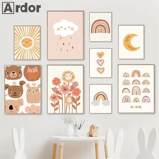 Boho Rainbow Cloud Moon Sun Heart Nursery Poster