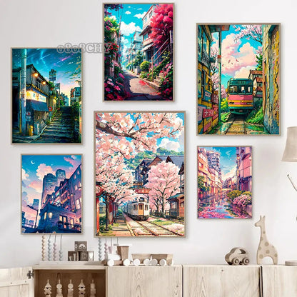 Japanese Street Scenery Sakura Architecture Canvas Posters
