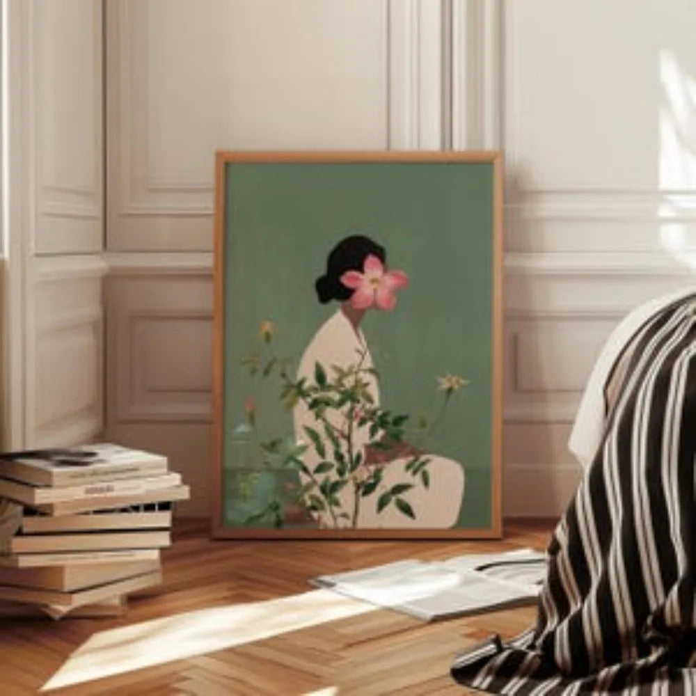 Green Flower Head Woman Wall Art