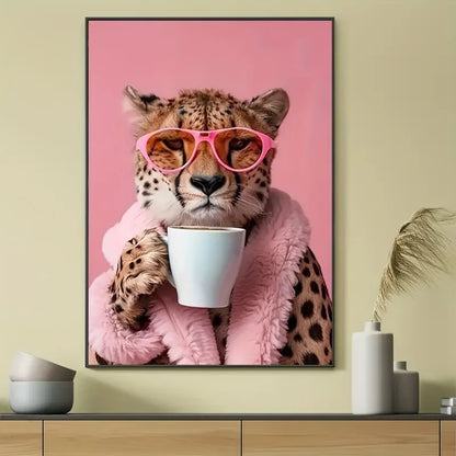 Charming Cheetah Drink Coffee Canvas Art Print