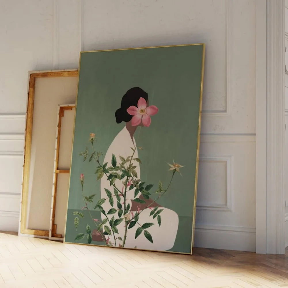 Green Flower Head Woman Wall Art