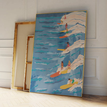 Modern Chilled Surfing Blue Waves Wall Art Prints
