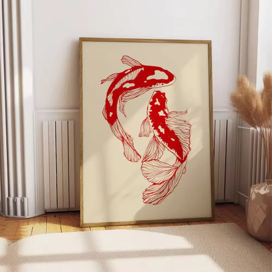 Vintage red koi fish poster wall art for living room decor