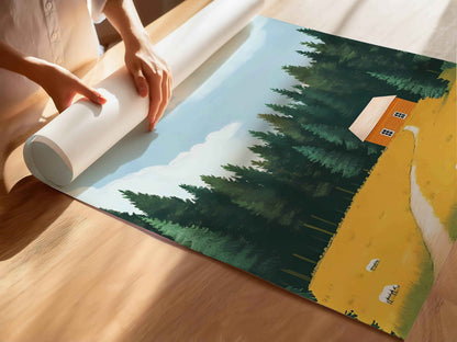 Tranquil cabin wall art for modern living rooms.
