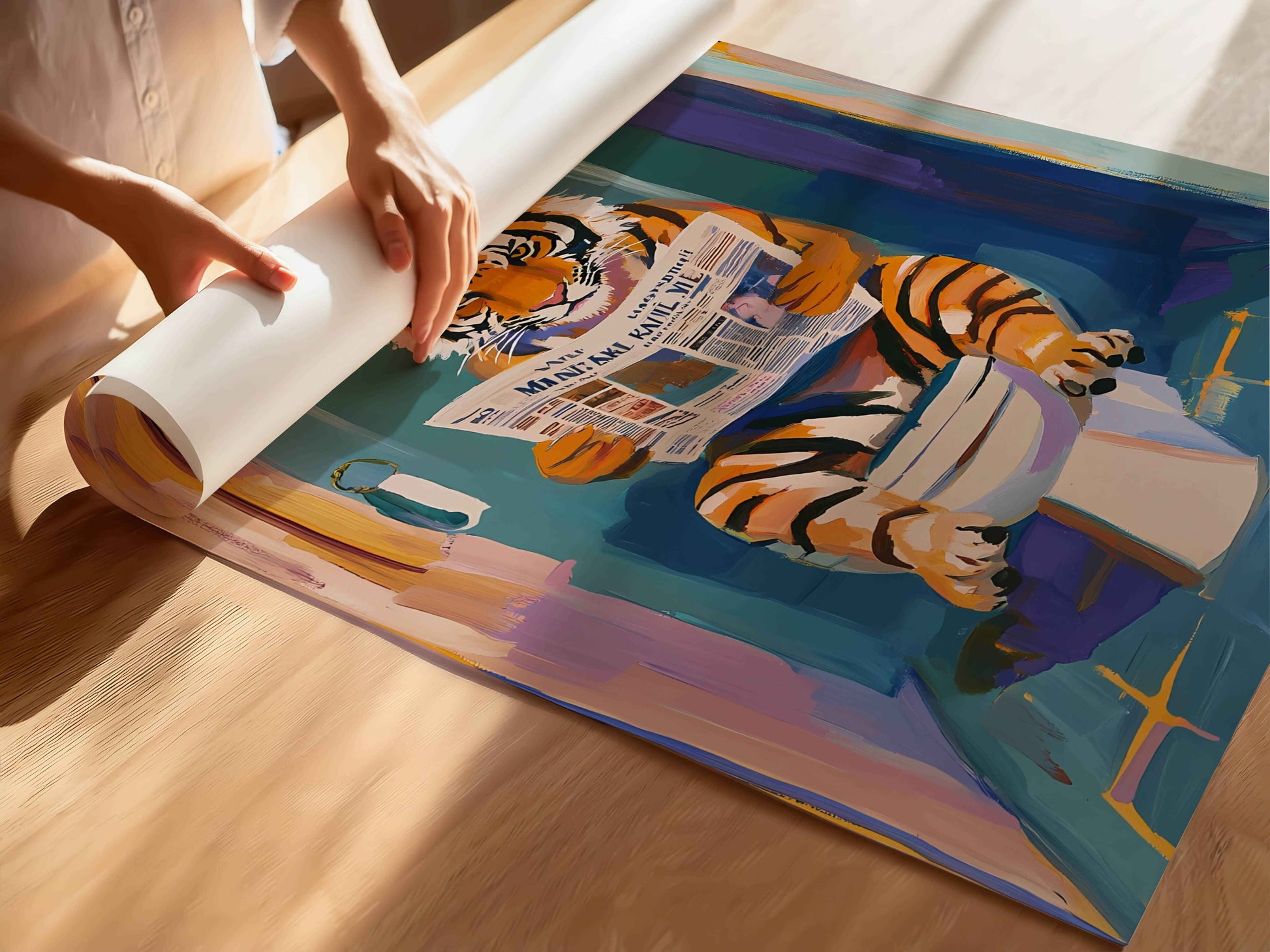 Unique tiger-themed art print for readers and animal lovers.	