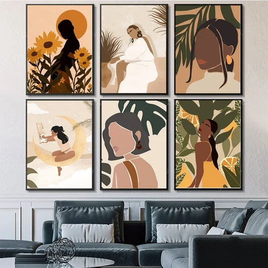 Abstract African woman flower poster wall art for study room decor