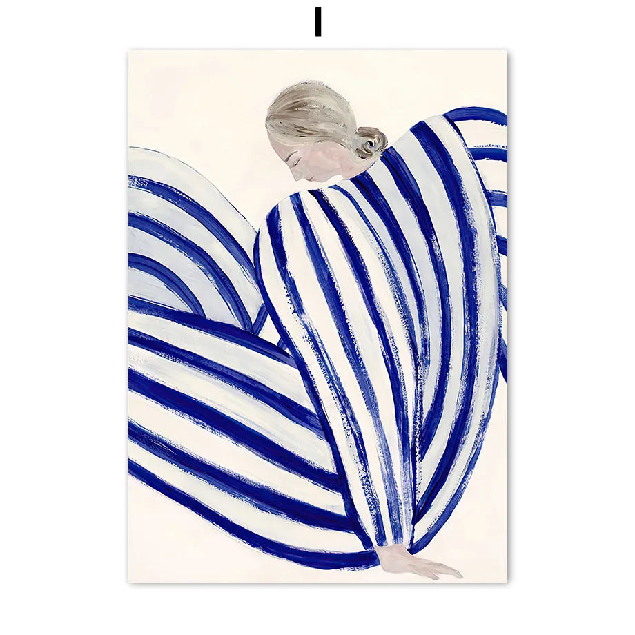 Blue striped abstract girl painting for home wall

