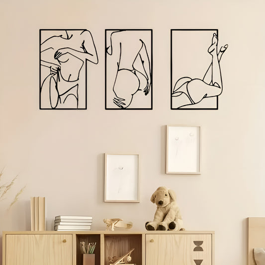 Abstract female line art metal wall decor set of 3 for modern home interiors
