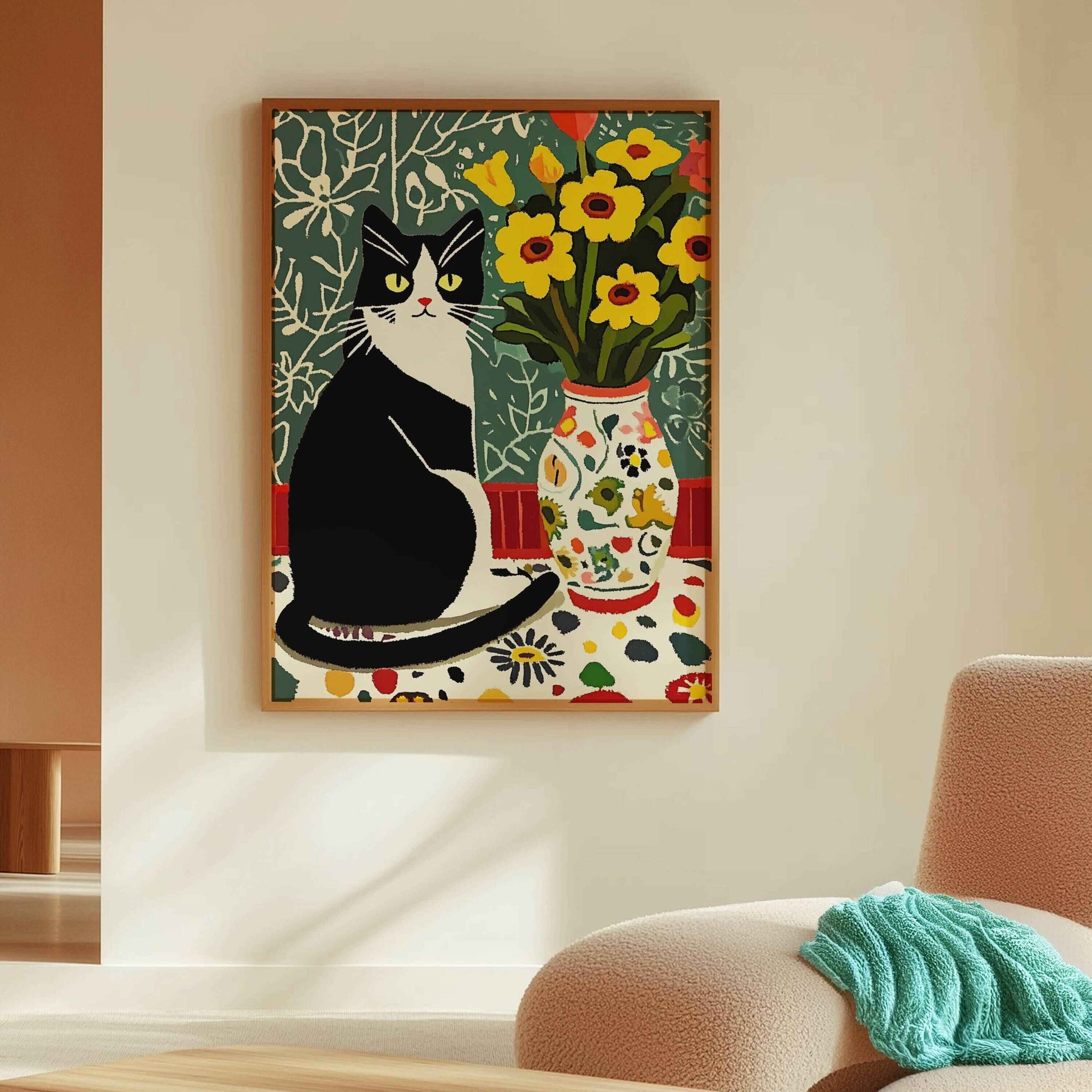 Vibrant Matisse-inspired cat print for creative living room decor, unique home interiors, and artistic cat-themed wall art.	