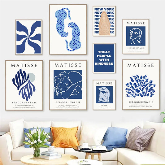 abstract matisse line art canvas print with leopard and leaves


