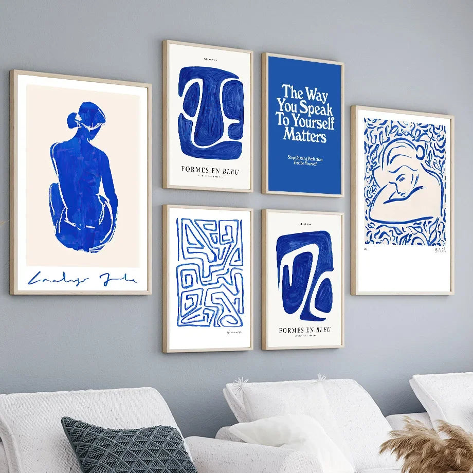 Blue girl body with pigeons abstract wall art mural for living room

