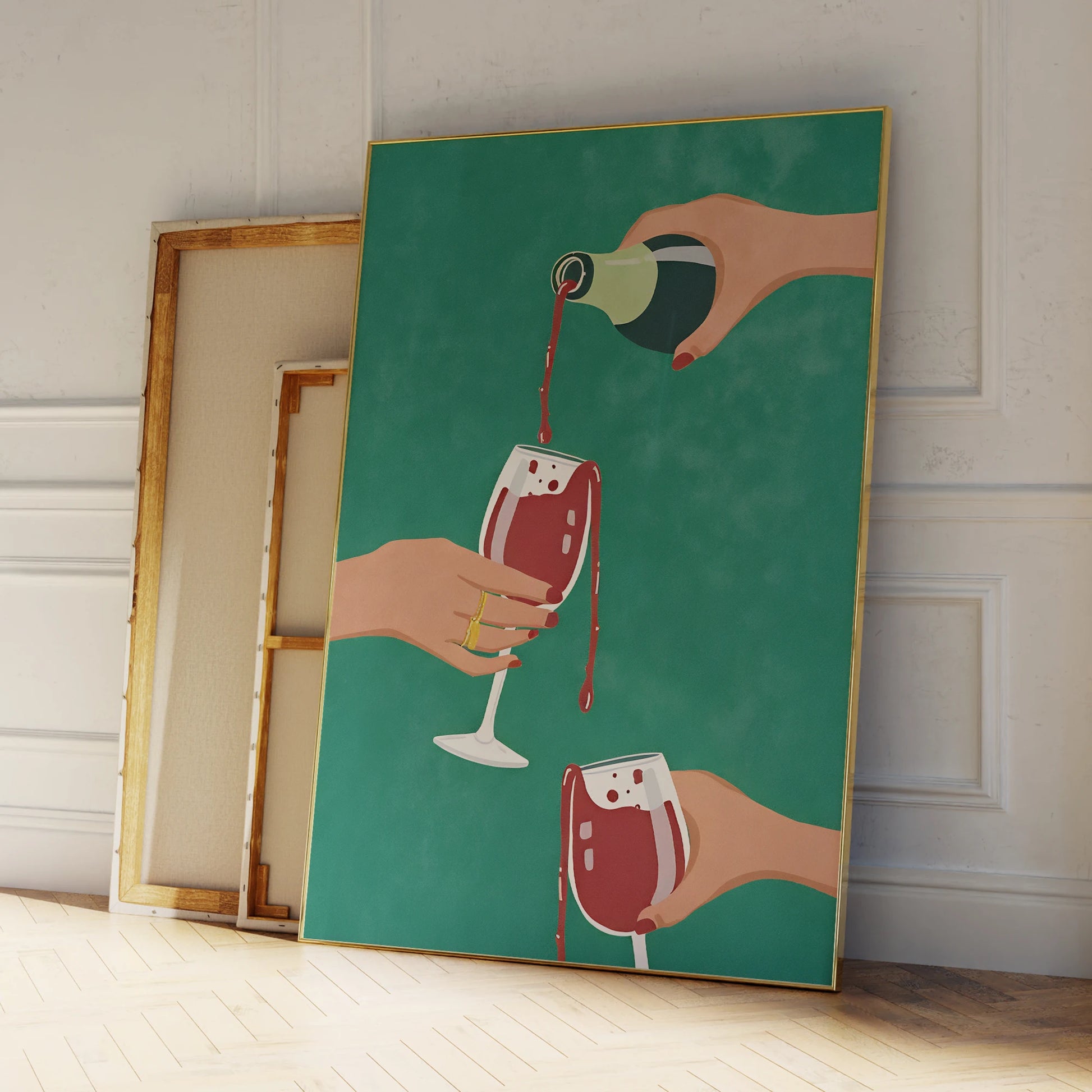 Wine cheers printmaking wall art on canvas for kitchen or bar area

