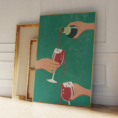 Wine cheers printmaking wall art on canvas for kitchen or bar area


