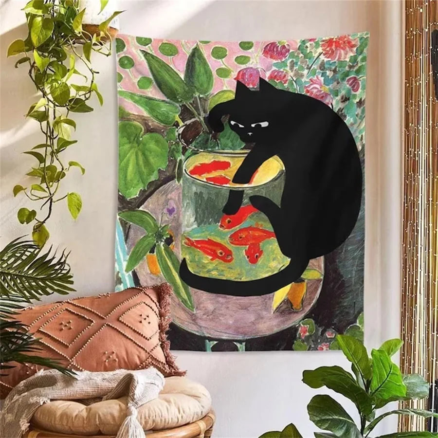 Aesthetic cat and goldfish wall hanging for bedrooms

