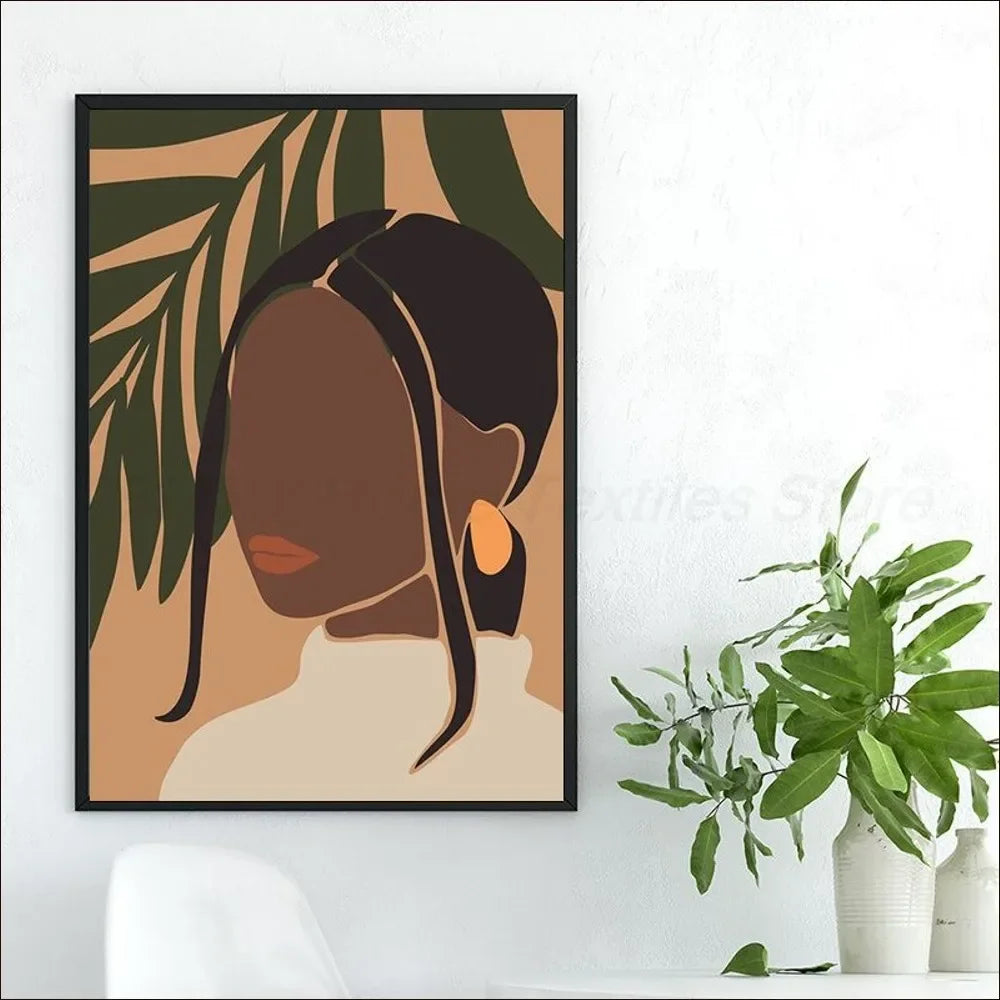 Elegant African woman floral print wall painting for cafe decor
