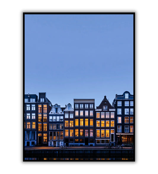 Amsterdam blue hour poster for scenic city decor, nighttime wall art, and travel-inspired home prints.