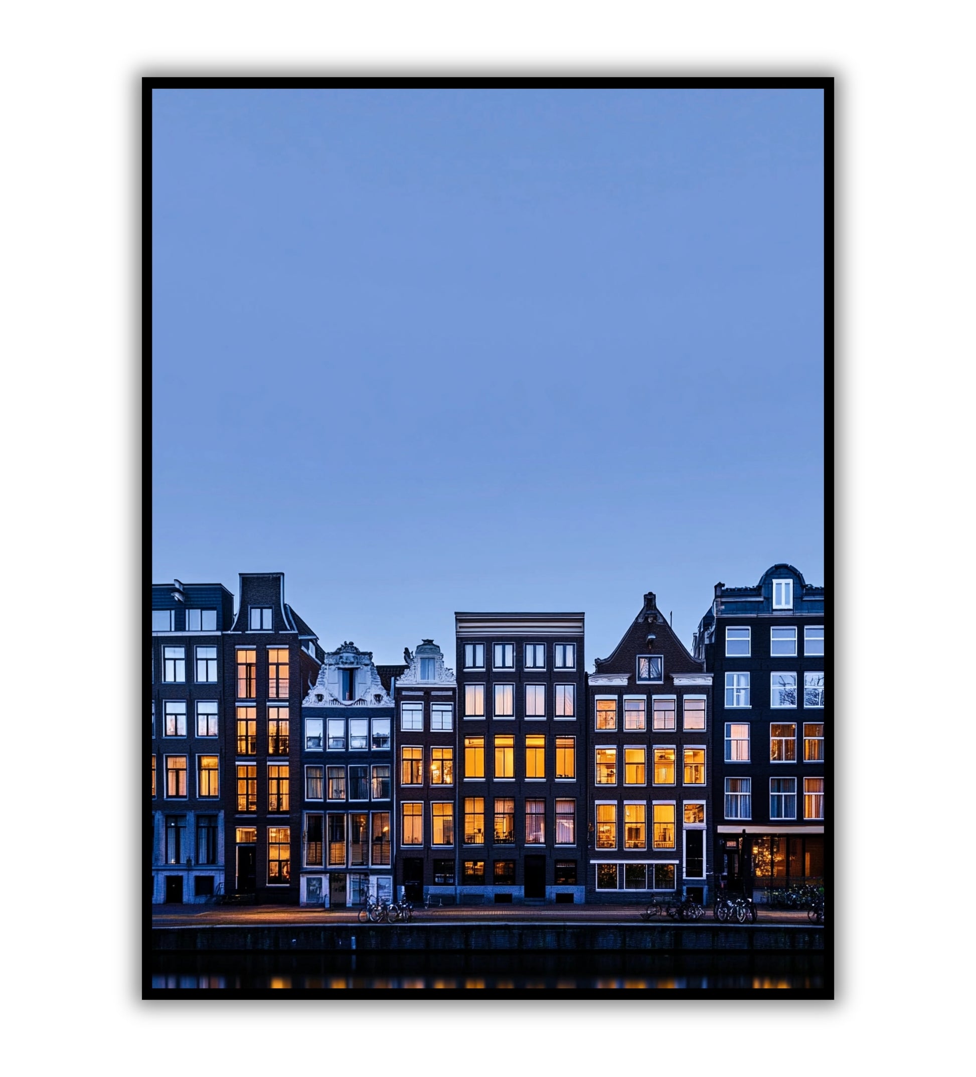 Amsterdam blue hour poster for scenic city decor, nighttime wall art, and travel-inspired home prints.	