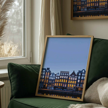 Blue hour in Amsterdam print for modern home decor, cityscape art, and unique travel-themed room prints.	