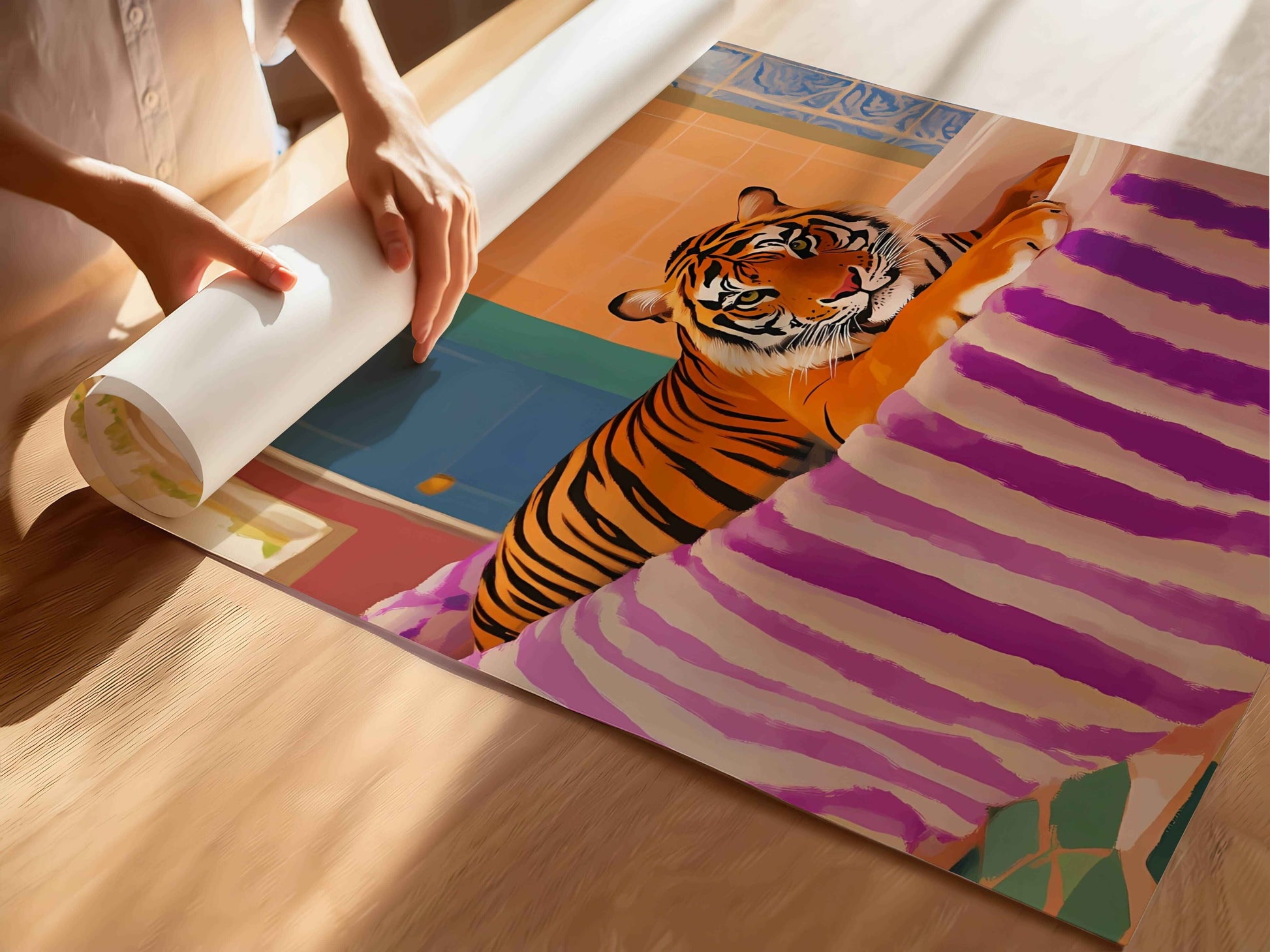 Exotic tiger’s bath art for modern home interiors, relaxing animal-themed room decor, and vibrant prints.	