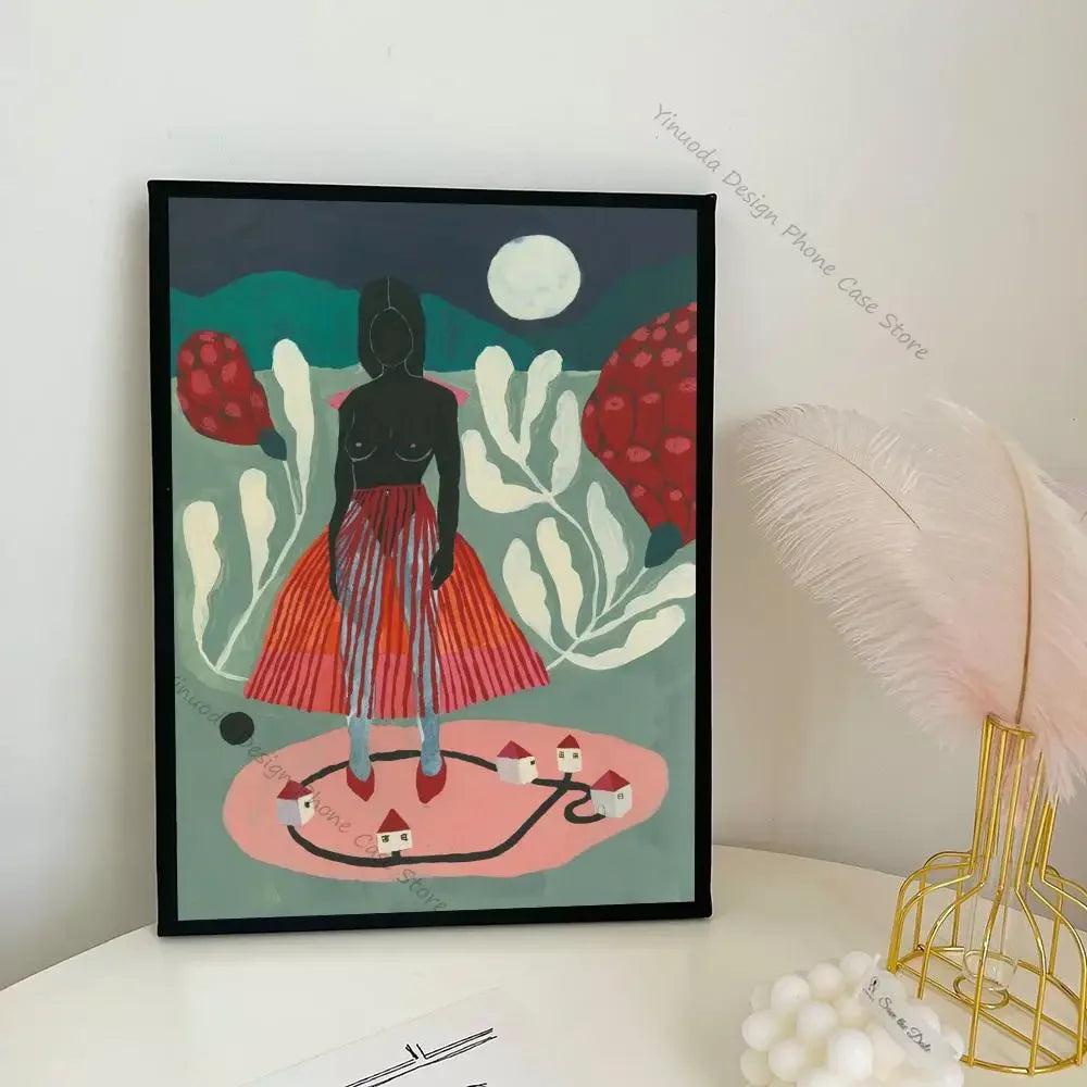 Modern vintage anime poster showcasing woman, fish, and plant aesthetics.
