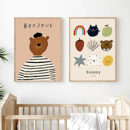 Whimsical cartoon animal wall art for toddler room decoration

